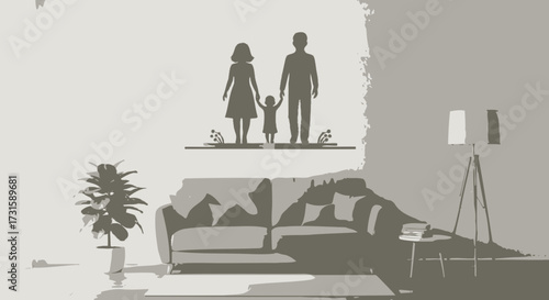 Minimalist living room interior family silhouette art modern home decor concept