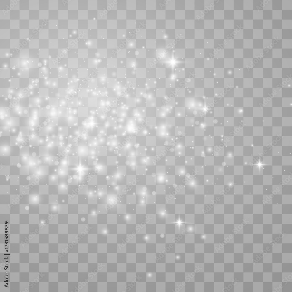 Fototapeta premium Delicate sparkles glow gently on a clear background, suggesting stardust or magic mist. The light fades beautifully. Great for fantasy-style edits.