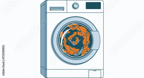 Washing machine with clothes inside vector illustration on white background laundry appliance concep