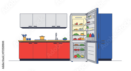 Modern kitchen interior with open refrigerator vector illustration for healthy eating concepts isola