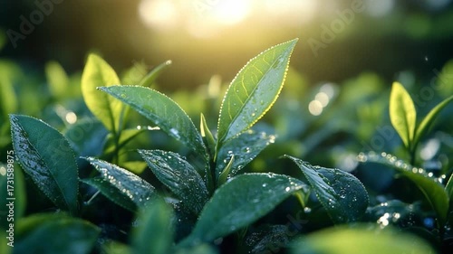 Serene Green Leaves: A close-up captures the freshness of green leaves, glistening with morning dew, as sunlight streams through, embodying tranquility and growth.