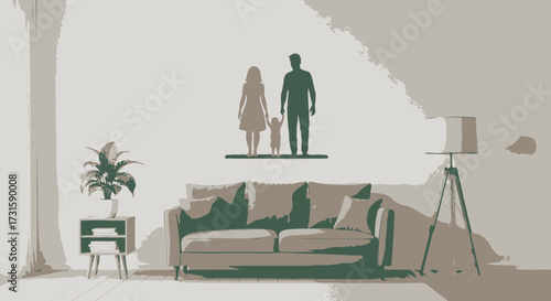 Minimalist family silhouette art above a sofa simple vector illustration for home decor and design