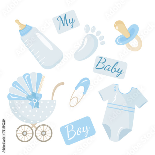 Flat baby elements set in blue tones on white background. Stroller, pacifier, bottle, safety pin, bodysuit and footprint. Cute vector design for baby shower, newborn invitation, card or celebration.