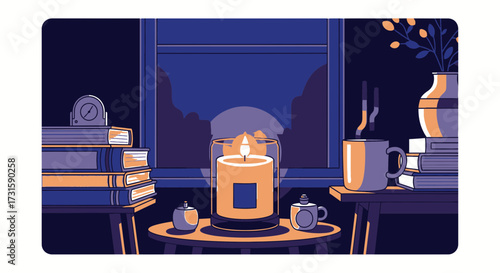 isolated on white background Cozy evening scene with candle and books illustration in warm colors pe