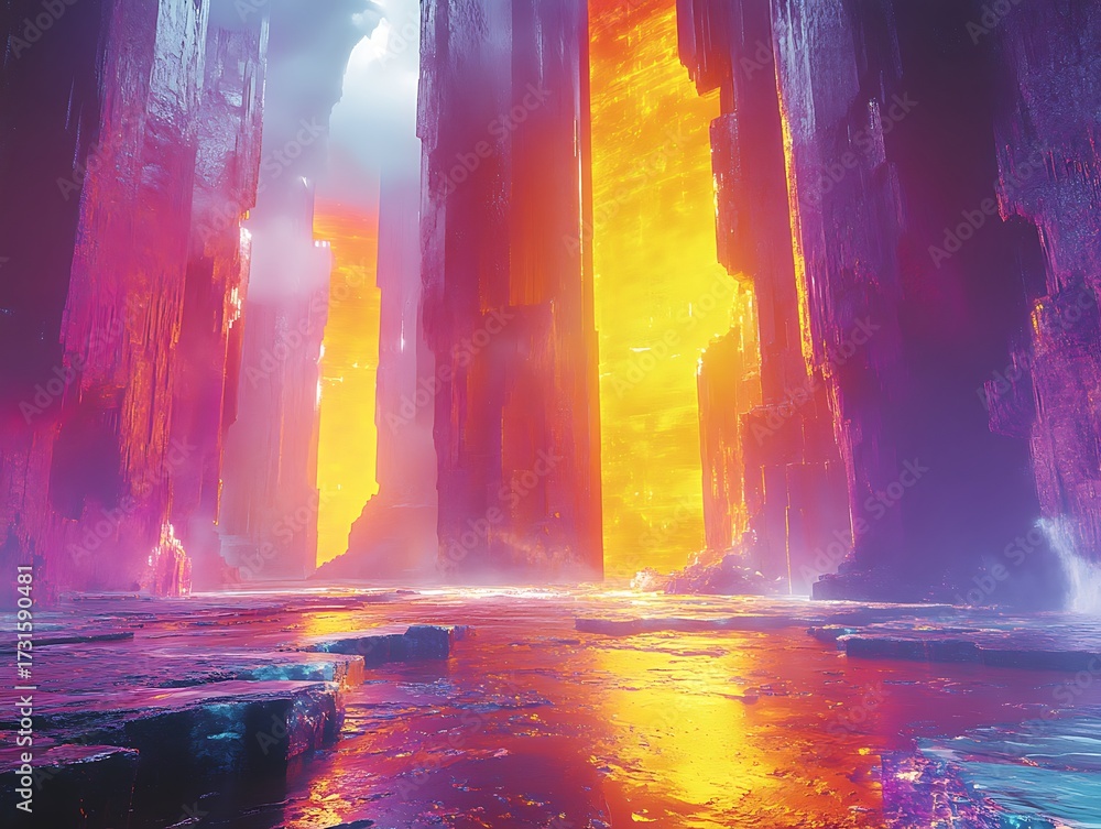 Obraz premium Enigmatic canyon landscape with radiant light and reflective surfaces creating a surreal atmosphere