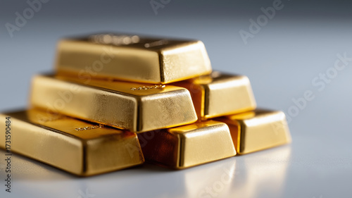 Wallpaper Mural Shiny stacked gold bars in pyramid-like pile with reflective metallic surfaces and engraved details under warm lighting on minimal white background representing banking, savings, and precious metal in Torontodigital.ca