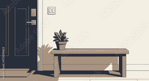 Minimalist illustration of a home entryway with a bench, potted plant, and front door.