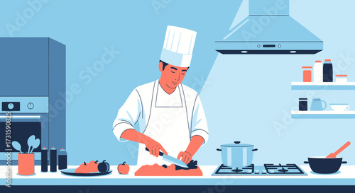 A professional chef in uniform diligently chopping fresh vegetables on a cutting board in a modern, well-equipped kitchen illustration.