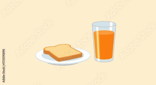 A simple breakfast illustration of a slice of toast on a white plate next to a glass of orange juice.