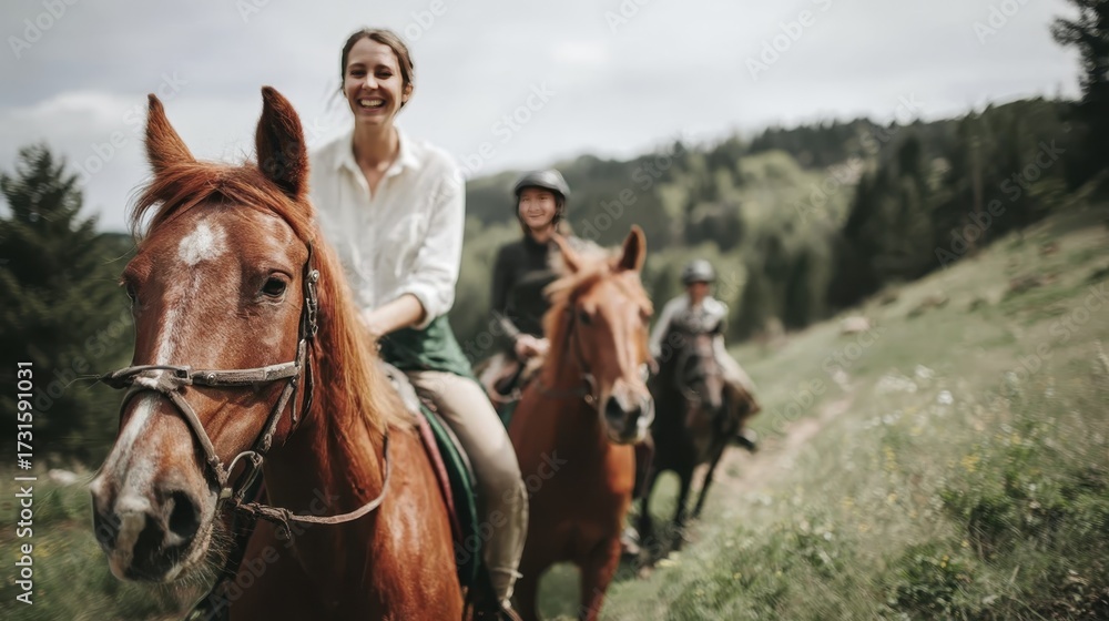 Fototapeta premium Joyful group horseback riding adventure in scenic countryside setting