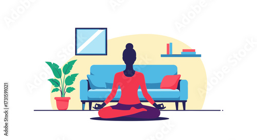 Woman practicing yoga and meditation in the lotus position in a modern living room for wellness and relaxation.
