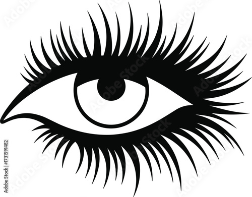 Black silhouette of an open eye with long eyelashes on white background iris pupil