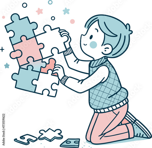 Boy assembling a large jigsaw puzzle on a white background with stars