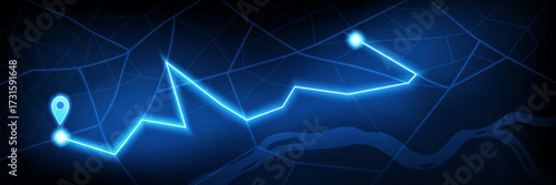 Digital gps navigation map with neon blue road pathway and glowing location markers on dark bg for tracking. Network grid overlay with bright route lines and destination points for modern design.