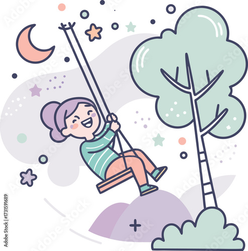 Girl Enjoying a Swing Under Starry Sky, Vector Illustration