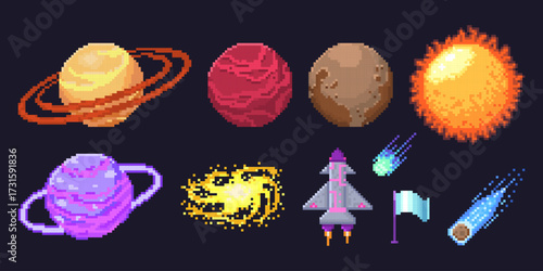 Pixel planet set for space game assets - Saturn with rings, red Mars, brown Mercury and burning Sun. Purple gas giant, yellow spiral galaxy, rocket ship with pink flames and blue comet trail icons