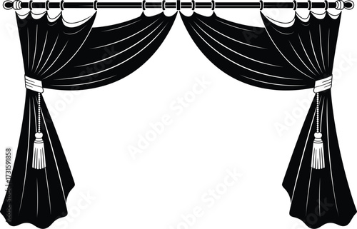 Black Silhouette Of Draped Curtains With Tassels And Beads drapery fabric