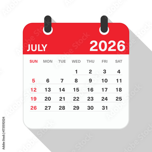 Monthly Calendar for July 2026. Red Theme on White Background