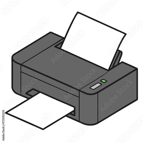 Vector art of a simple illustration of a black inkjet printer with paper coming out of the output tray and going into the input tray