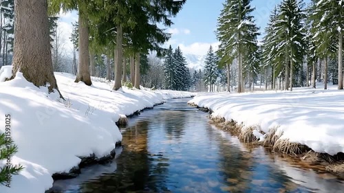 Winter Wonderland River: A tranquil river flows through a serene winter landscape, framed by snow-covered banks and towering evergreens, under a clear blue sky.
