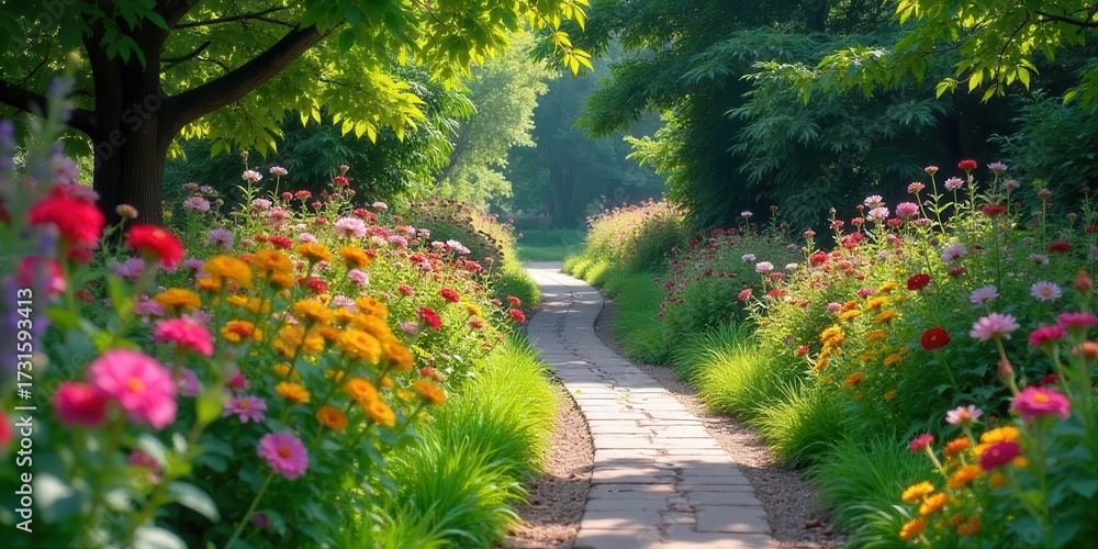 Obraz premium A Serene Stone Path Meandering Through a Vibrant Tapestry of Blossoming Flowers in a Lush Garden Setting
