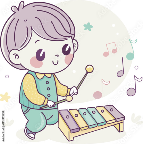 Happy Cartoon Child Making Music and Learning on a Toy Xylophone