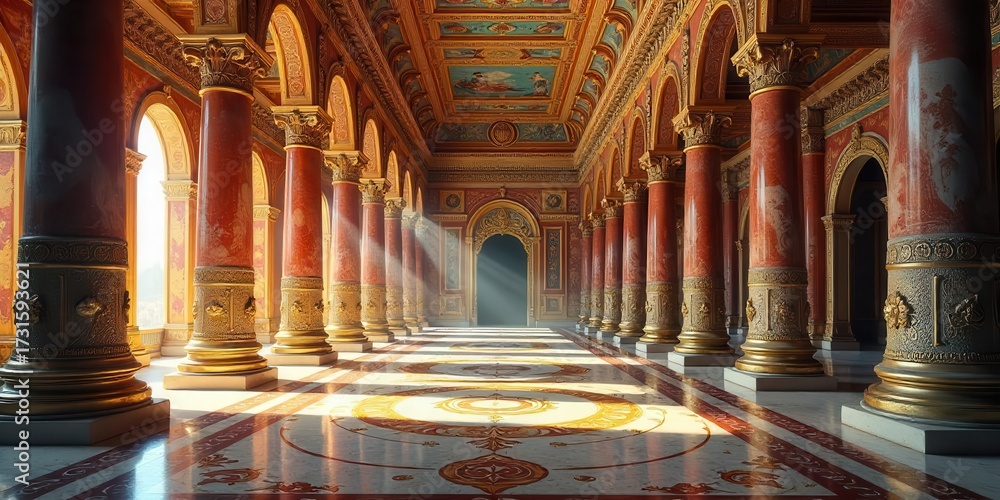 Obraz premium Sunlit Hallway of Ornate Columns and Gilded Detailing in a Majestic Palace