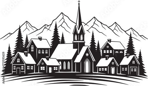 Christmas Winter Village Scene Silhouette Snow-Covered Houses and Church
