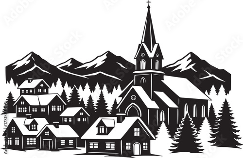 Christmas Winter Village Scene Silhouette Snow-Covered Houses and Church