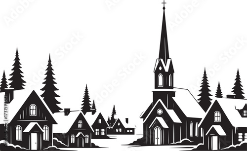 Christmas Winter Village Scene Silhouette Snow-Covered Houses and Church