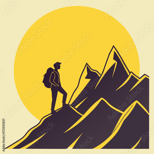 Vector art of silhouette of a hiker with a backpack standing on a mountain peak against a large yellow sun
