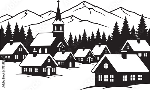Christmas Winter Village Scene Silhouette Snow-Covered Houses and Church