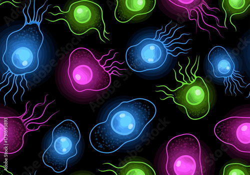 A vibrant pattern of bioluminescent microorganisms in glowing neon shades of blue, pink, and green drift through a dark, microscopic world.