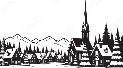 Christmas Winter Village Scene Silhouette Snow-Covered Houses and Church
