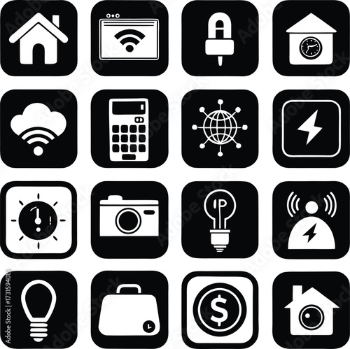 Collection of 16 modern flat design icons for smart home and technology applications presented on a grid for digital use