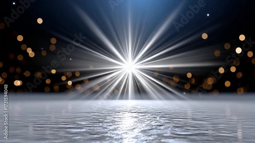 Celestial Rays: A radiant starburst emanates a spectrum of brilliant light, illuminating a serene, reflective surface against the backdrop of a dark cosmos.