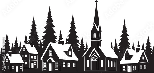 Christmas Winter Village Scene Silhouette Snow-Covered Houses and Church