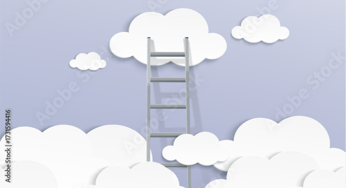 Ladder with cloud cutouts on sky background for success concept. Paper art style composition with steps reaching upward through white cumulus. Business growth metaphor or achievement illustration.