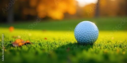 A Single Golf Ball Rests on a Lush Green Putting Surface Bathed in the Warm Golden Light of a Setting Sun, with Autumn Leaves Nearby