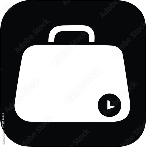 Modern minimalist icon representing a briefcase or travel bag with a clock symbol for time management and business trips.