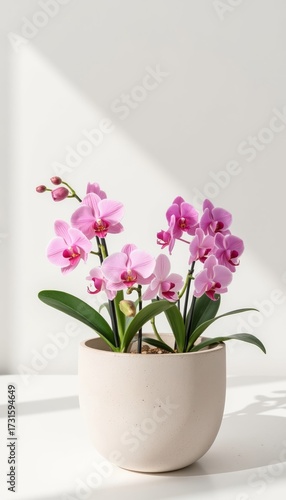 Wallpaper Mural Pink orchid flowers in a modern pot on a white shelf   Torontodigital.ca