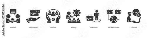 Talent Growth Strategy glyph banner web icon set vector illustration concept with icon of interview, responsibility, inclusion, briefing, job position, job opportunities, overtime