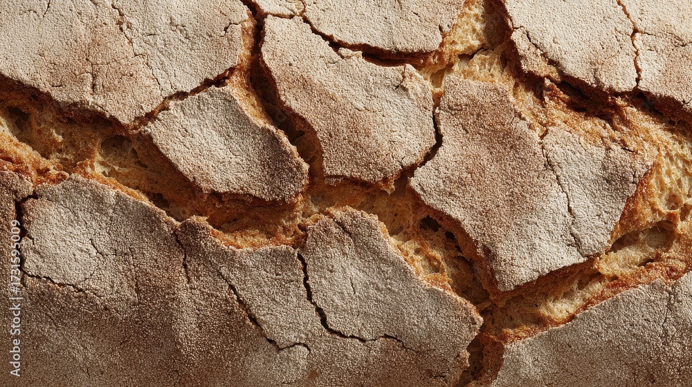Fototapeta premium Rustic sourdough bread crust with deep cracks and flour dusting texture.