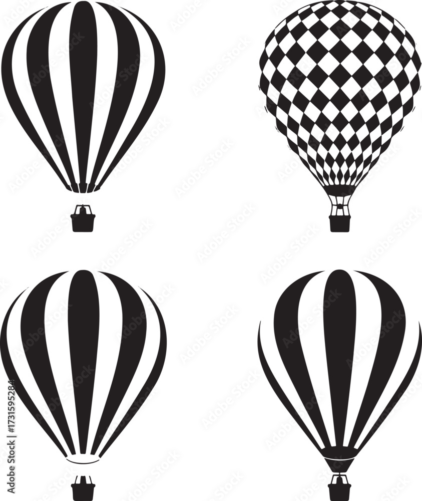 Obraz premium Minimalist Hot Air Balloon Silhouette Icon Set – 2x2 Grid with Striped, Diamond, Floral, and Abstract Patterns 