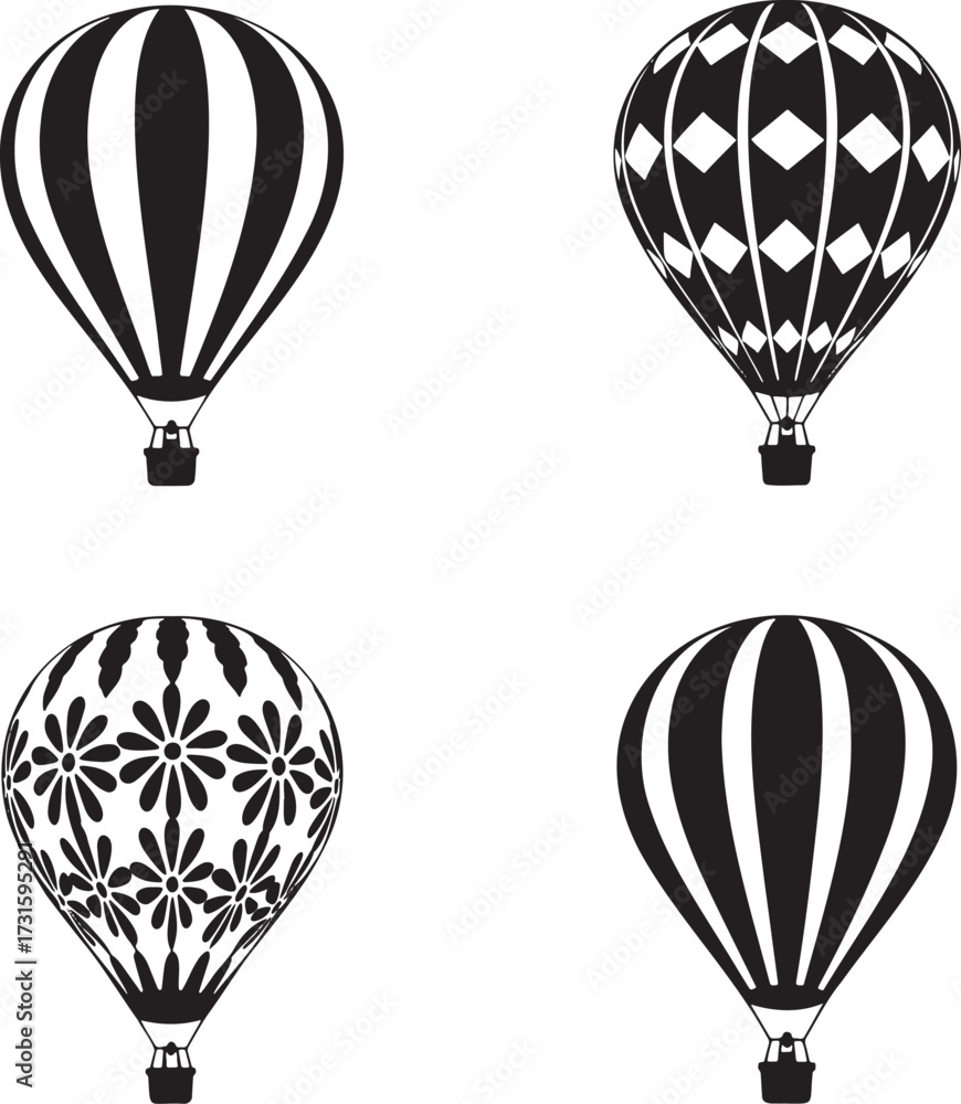 Obraz premium Minimalist Hot Air Balloon Silhouette Icon Set – 2x2 Grid with Striped, Diamond, Floral, and Abstract Patterns 
