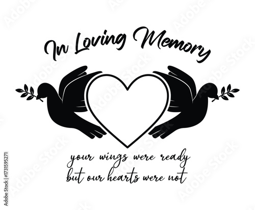 In Loving Memory vector design with angel wings memorial quote, Memorial sign, Forever in our hearts, Rest in Peace vector clip art	