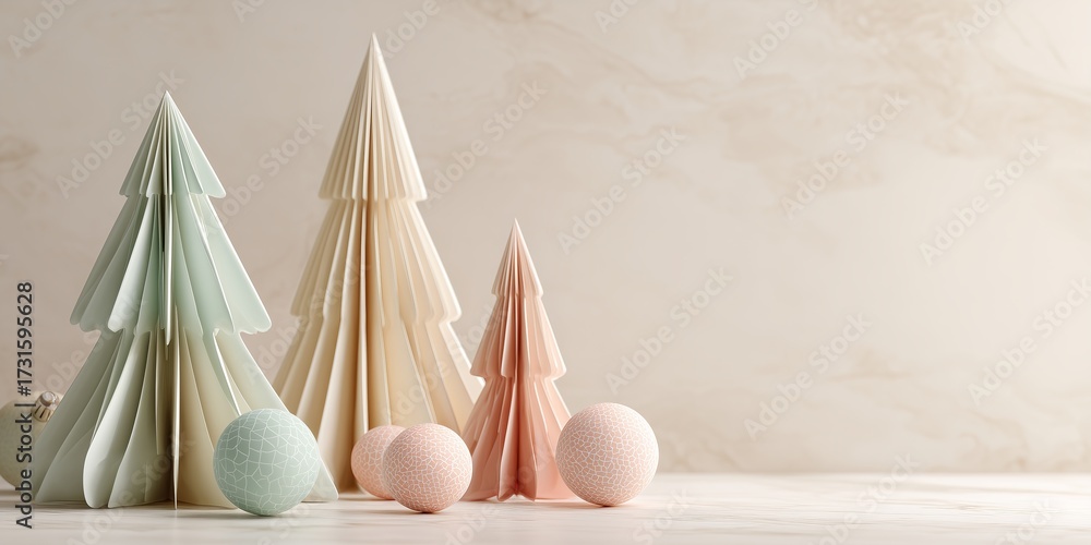 Fototapeta premium clean minimalistic Christmas composition with folded paper trees in soft pastel shades of cream, mint, and blush pink, elegant pastel ornaments placed on flat surface, gentle matte textures
