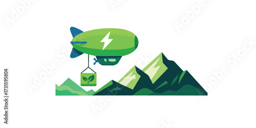 Print   Stylized vector design of an electric airship delivering eco-friendly cargo across mountains, isolated on a pure white background