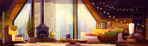 Warm cabin living room interior with fireplace for cozy evening atmosphere. Sofa with colorful pillows, wooden beams, string lights and sunlight in large windows. Forest space with rustic charm.