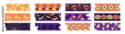 Halloween washi tape with pumpkins, skulls and bats for spooky crafting. Orange, purple and black strips with ghosts and candy, spider webs and eyeballs. October decorative adhesive ribbons.